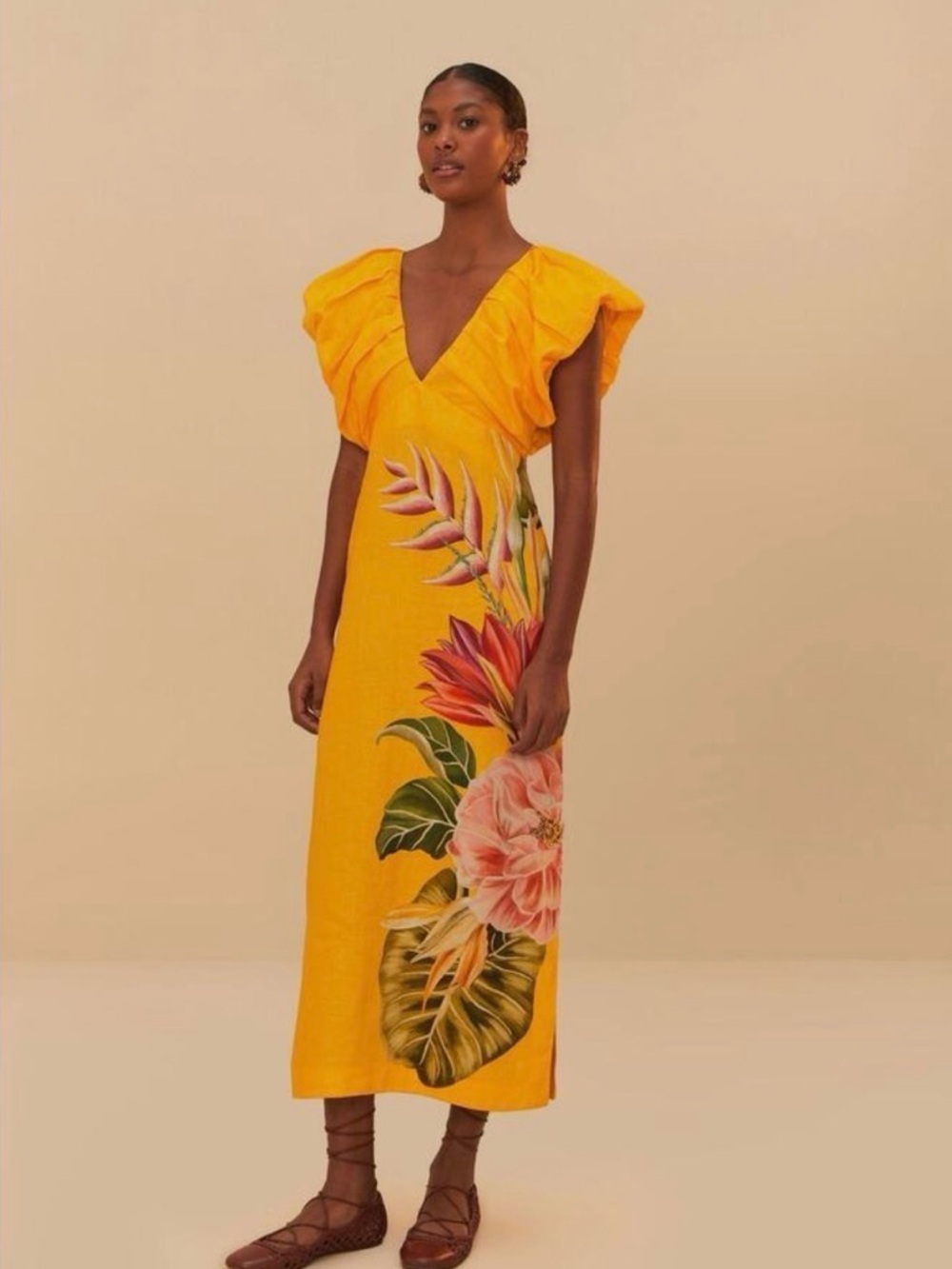 FARM Rio Yellow Floral Midi Dress